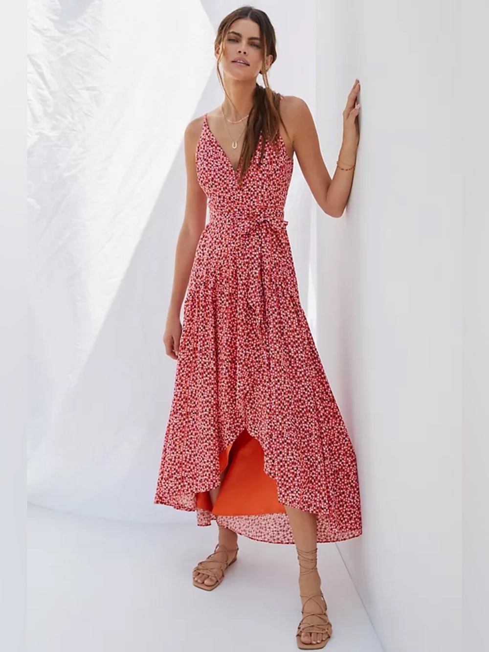 ANTHROPOLOGIE HUTCH Red Polka Dot Flutter Wrap Midi Dress Size Large